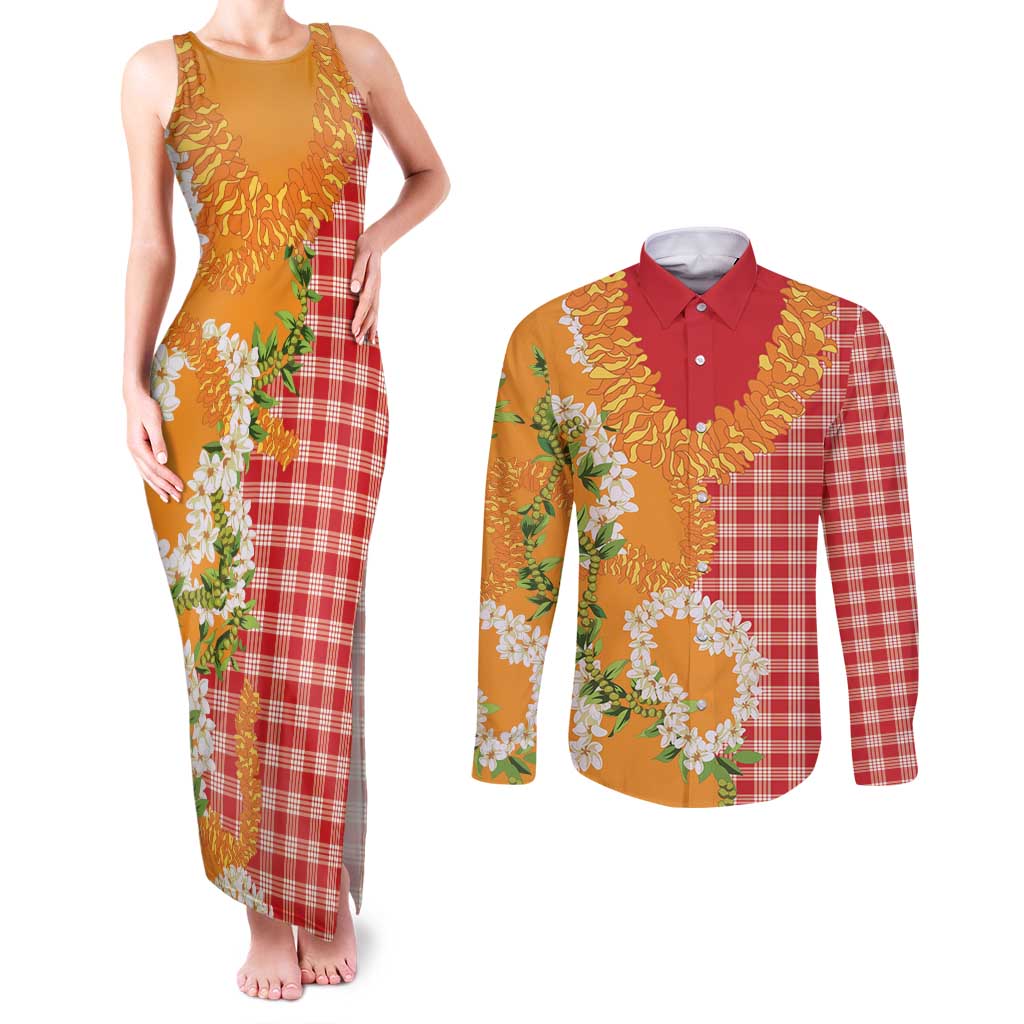 Prince Kuhio Aloha Hawaii Couples Matching Tank Maxi Dress and Long Sleeve Button Shirt Plumeria Ilima Lei Palaka Motifs LT14 Red - Polynesian Pride