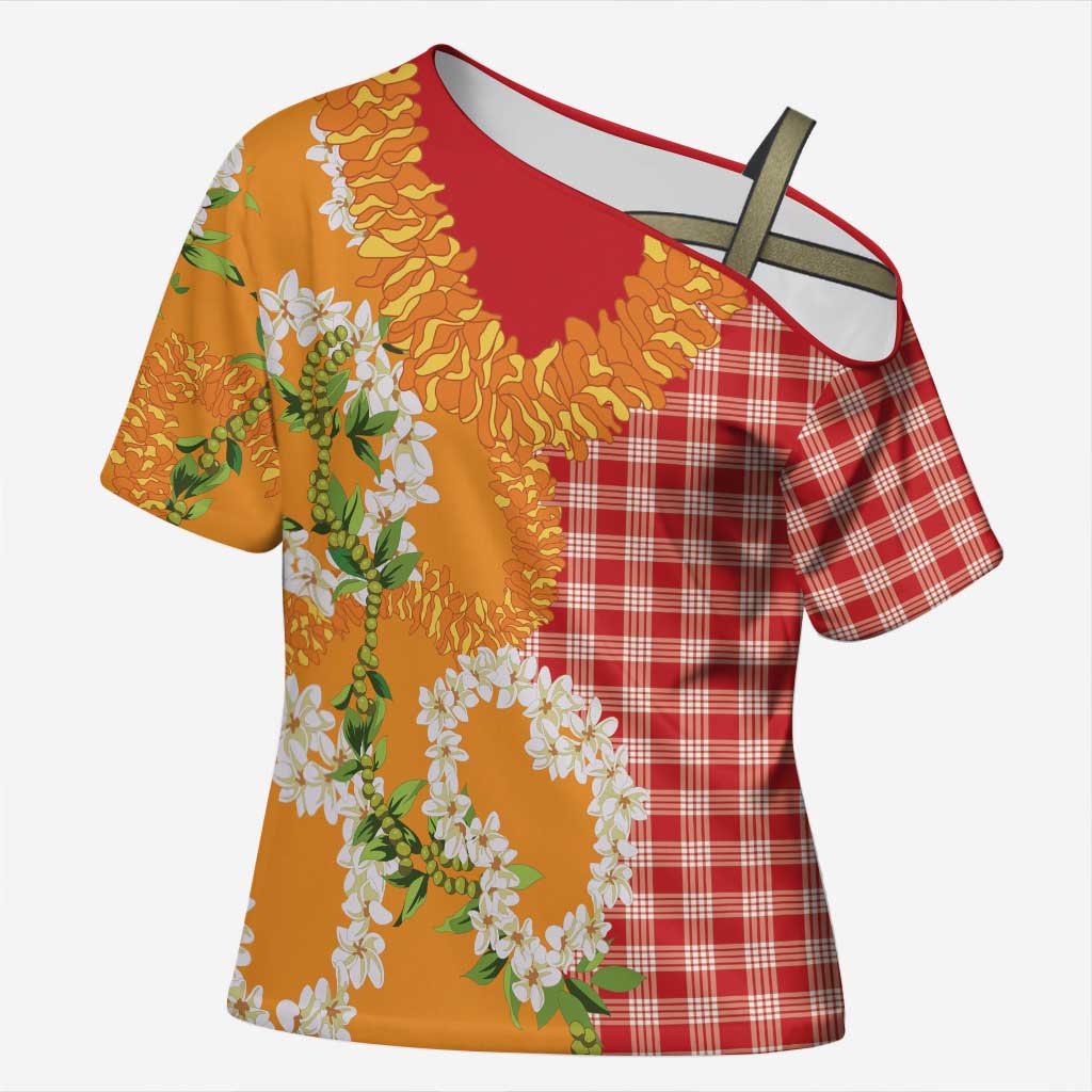 Prince Kuhio Aloha Hawaii Cross Shoulder Shirt Plumeria Ilima Lei Palaka Motifs LT14 Female Red - Polynesian Pride