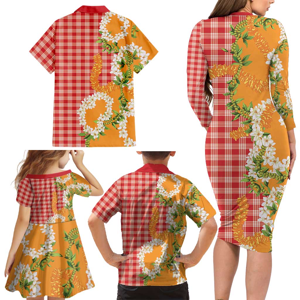 Prince Kuhio Aloha Hawaii Family Matching Long Sleeve Bodycon Dress and Hawaiian Shirt Plumeria Ilima Lei Palaka Motifs