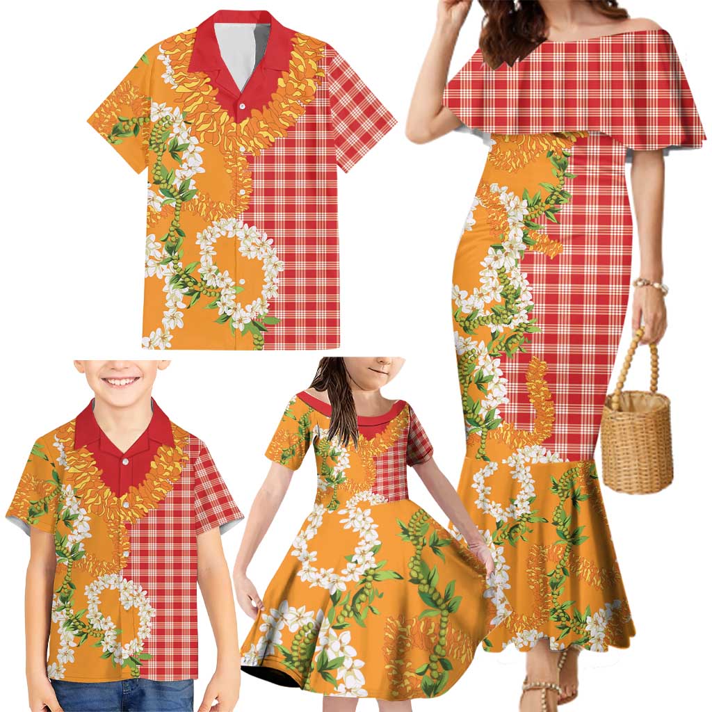 Prince Kuhio Aloha Hawaii Family Matching Mermaid Dress and Hawaiian Shirt Plumeria Ilima Lei Palaka Motifs
