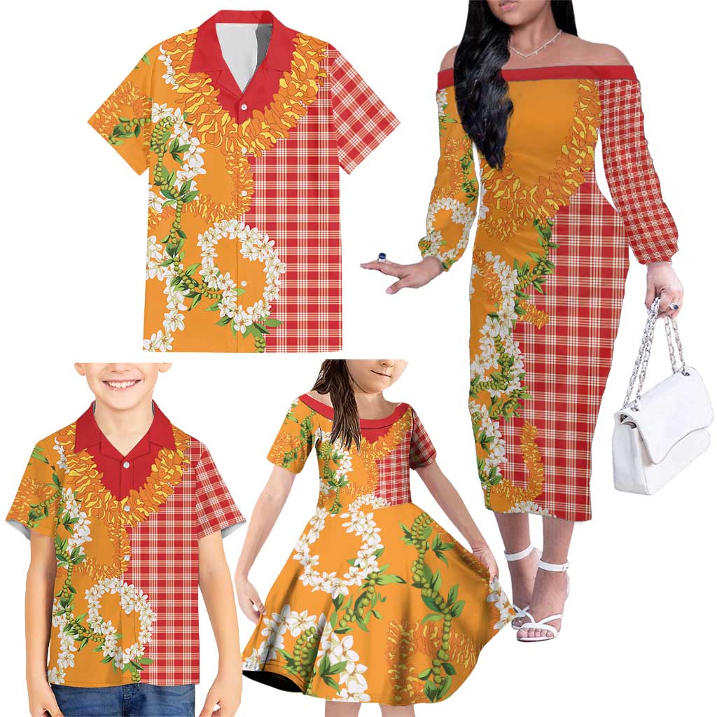 Prince Kuhio Aloha Hawaii Family Matching Off The Shoulder Long Sleeve Dress and Hawaiian Shirt Plumeria Ilima Lei Palaka Motifs