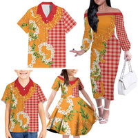 Prince Kuhio Aloha Hawaii Family Matching Off The Shoulder Long Sleeve Dress and Hawaiian Shirt Plumeria Ilima Lei Palaka Motifs