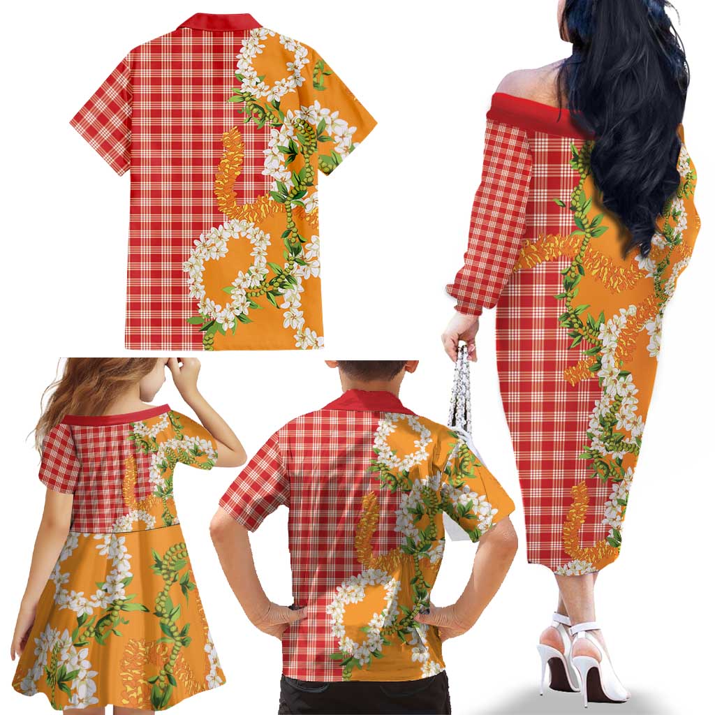 Prince Kuhio Aloha Hawaii Family Matching Off The Shoulder Long Sleeve Dress and Hawaiian Shirt Plumeria Ilima Lei Palaka Motifs