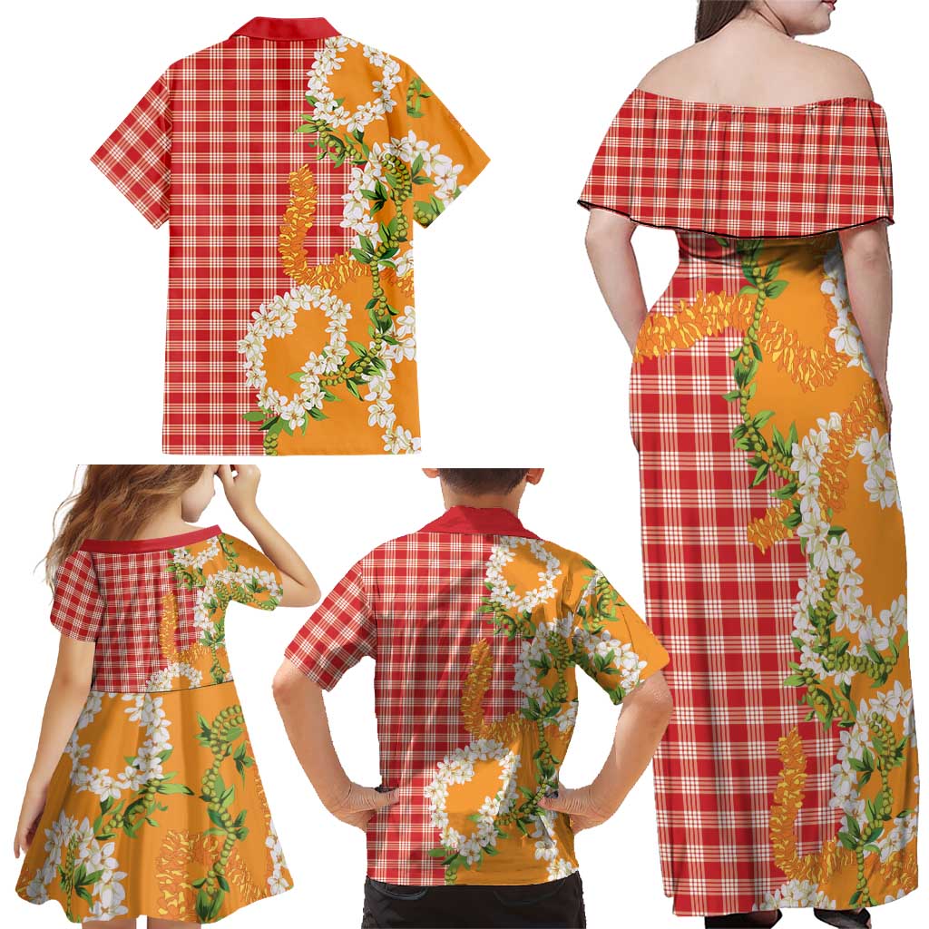 Prince Kuhio Aloha Hawaii Family Matching Off Shoulder Maxi Dress and Hawaiian Shirt Plumeria Ilima Lei Palaka Motifs