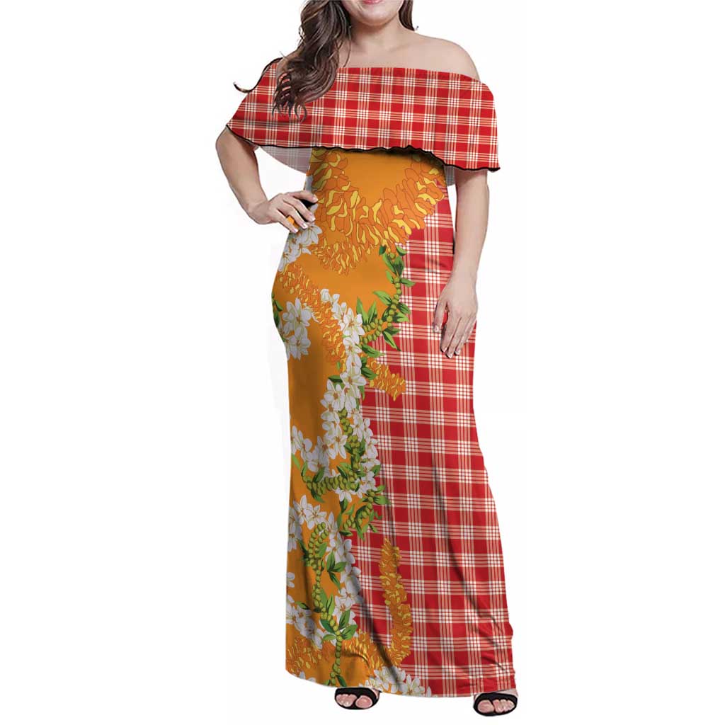 Prince Kuhio Aloha Hawaii Family Matching Off Shoulder Maxi Dress and Hawaiian Shirt Plumeria Ilima Lei Palaka Motifs