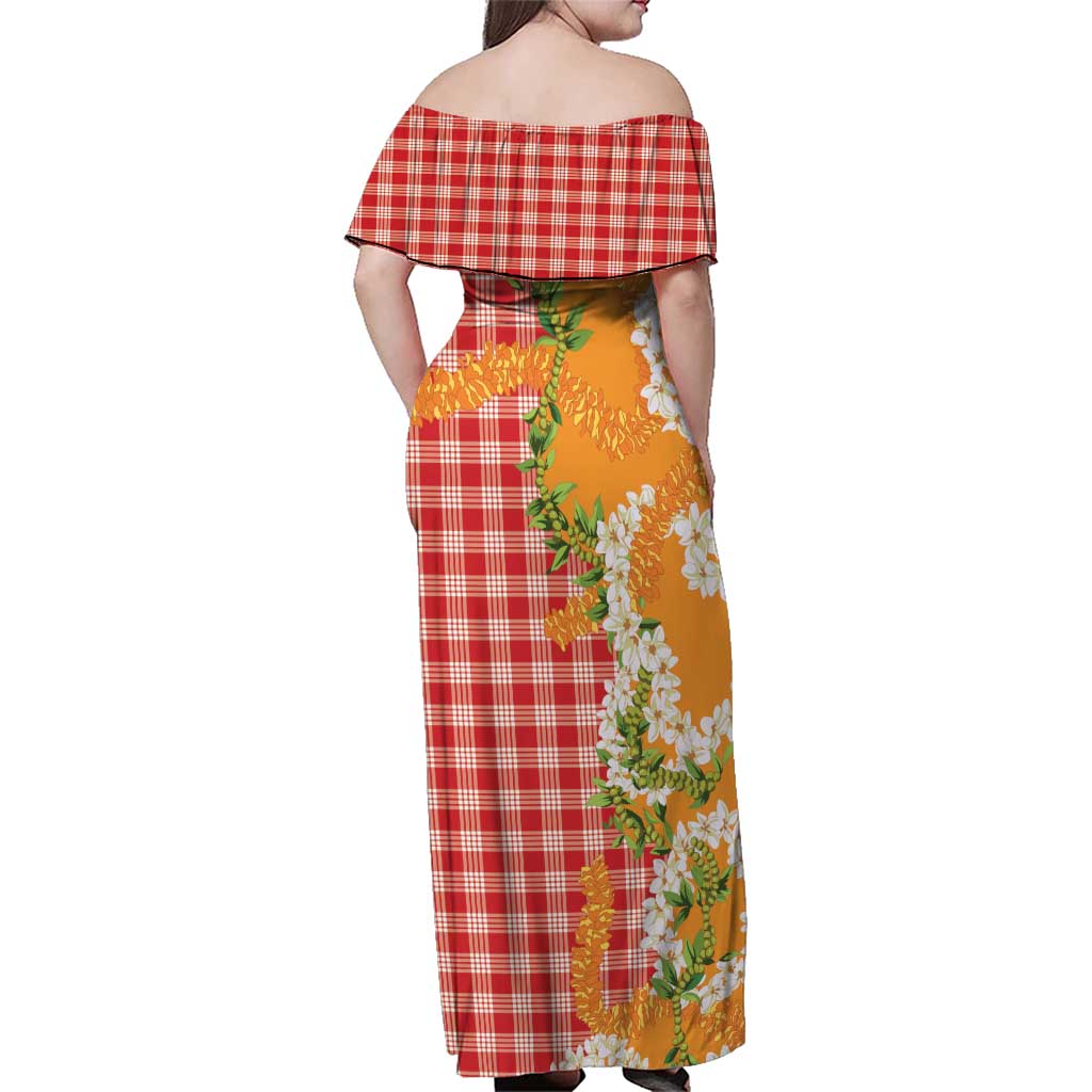 Prince Kuhio Aloha Hawaii Family Matching Off Shoulder Maxi Dress and Hawaiian Shirt Plumeria Ilima Lei Palaka Motifs
