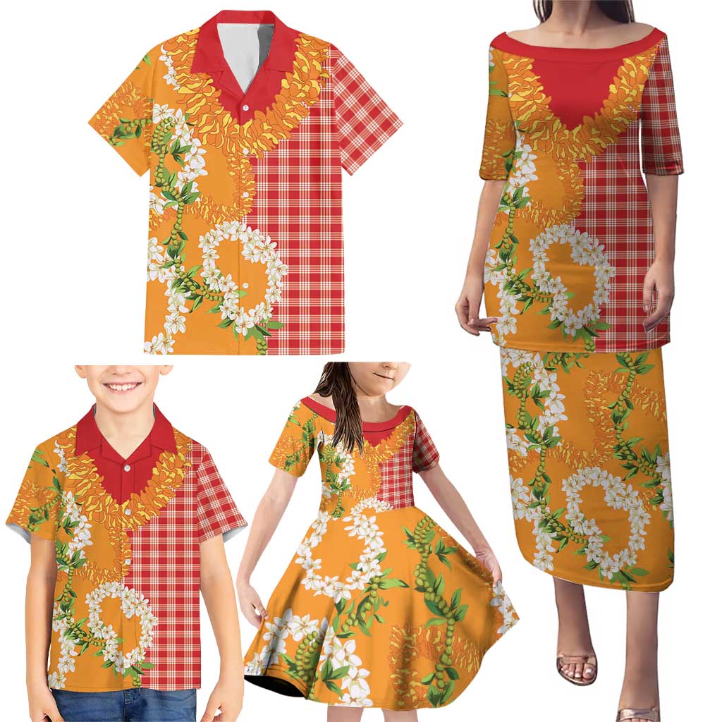 Prince Kuhio Aloha Hawaii Family Matching Puletasi and Hawaiian Shirt Plumeria Ilima Lei Palaka Motifs