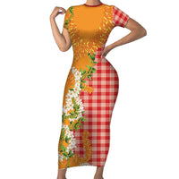 Prince Kuhio Aloha Hawaii Family Matching Short Sleeve Bodycon Dress and Hawaiian Shirt Plumeria Ilima Lei Palaka Motifs