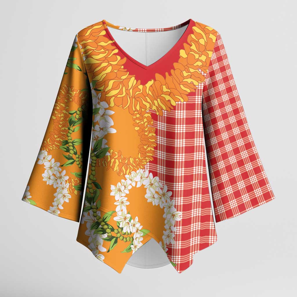 Prince Kuhio Aloha Hawaii Kimono Sleeve Blouse Plumeria Ilima Lei Palaka Motifs LT14 Female Red - Polynesian Pride