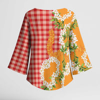 Prince Kuhio Aloha Hawaii Kimono Sleeve Blouse Plumeria Ilima Lei Palaka Motifs LT14 - Polynesian Pride