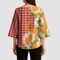 Prince Kuhio Aloha Hawaii Kimono Sleeve Blouse Plumeria Ilima Lei Palaka Motifs LT14 - Polynesian Pride
