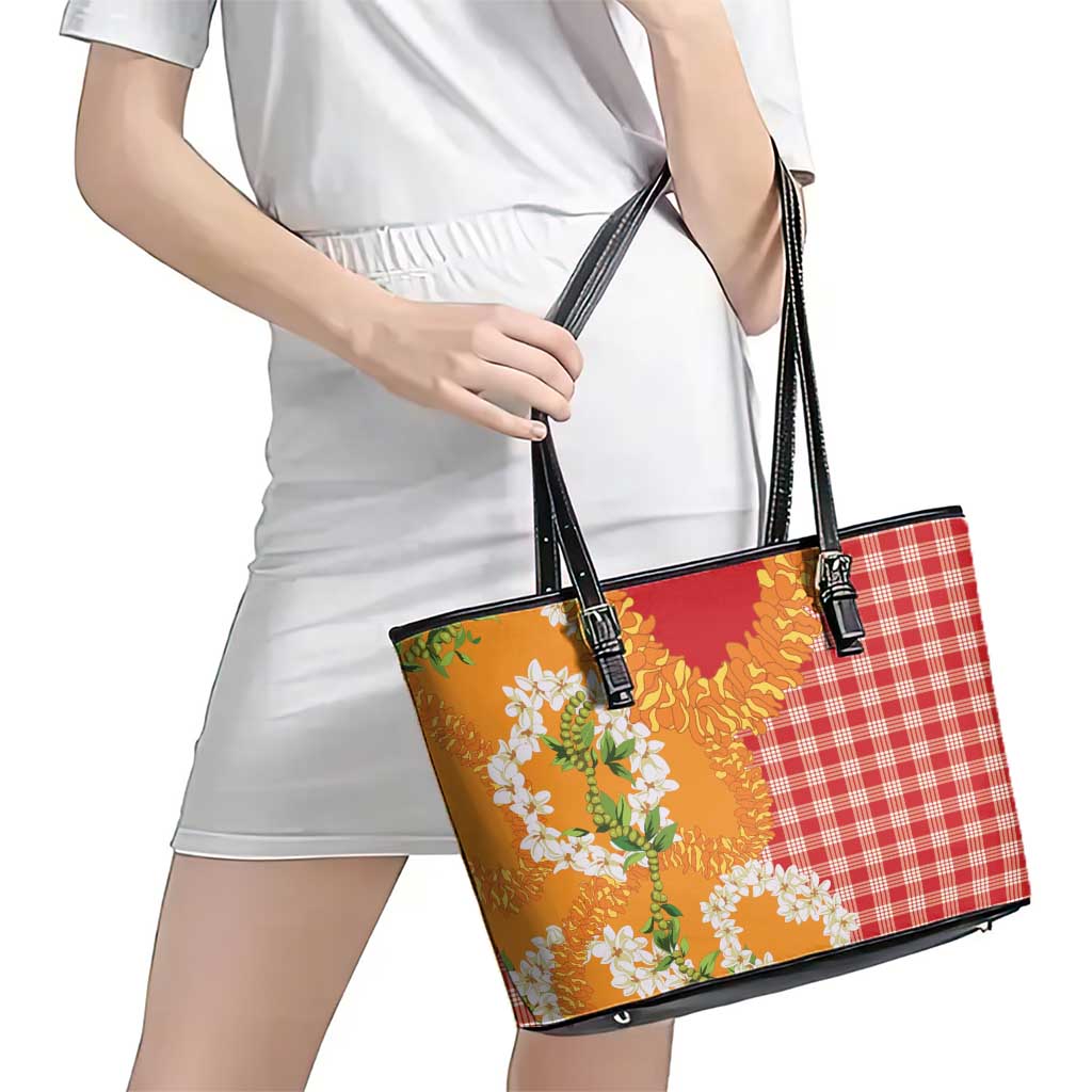 Prince Kuhio Aloha Hawaii Leather Tote Bag Plumeria Ilima Lei Palaka Motifs LT14 - Polynesian Pride