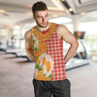 Prince Kuhio Aloha Hawaii Men Tank Top Plumeria Ilima Lei Palaka Motifs LT14 Red - Polynesian Pride