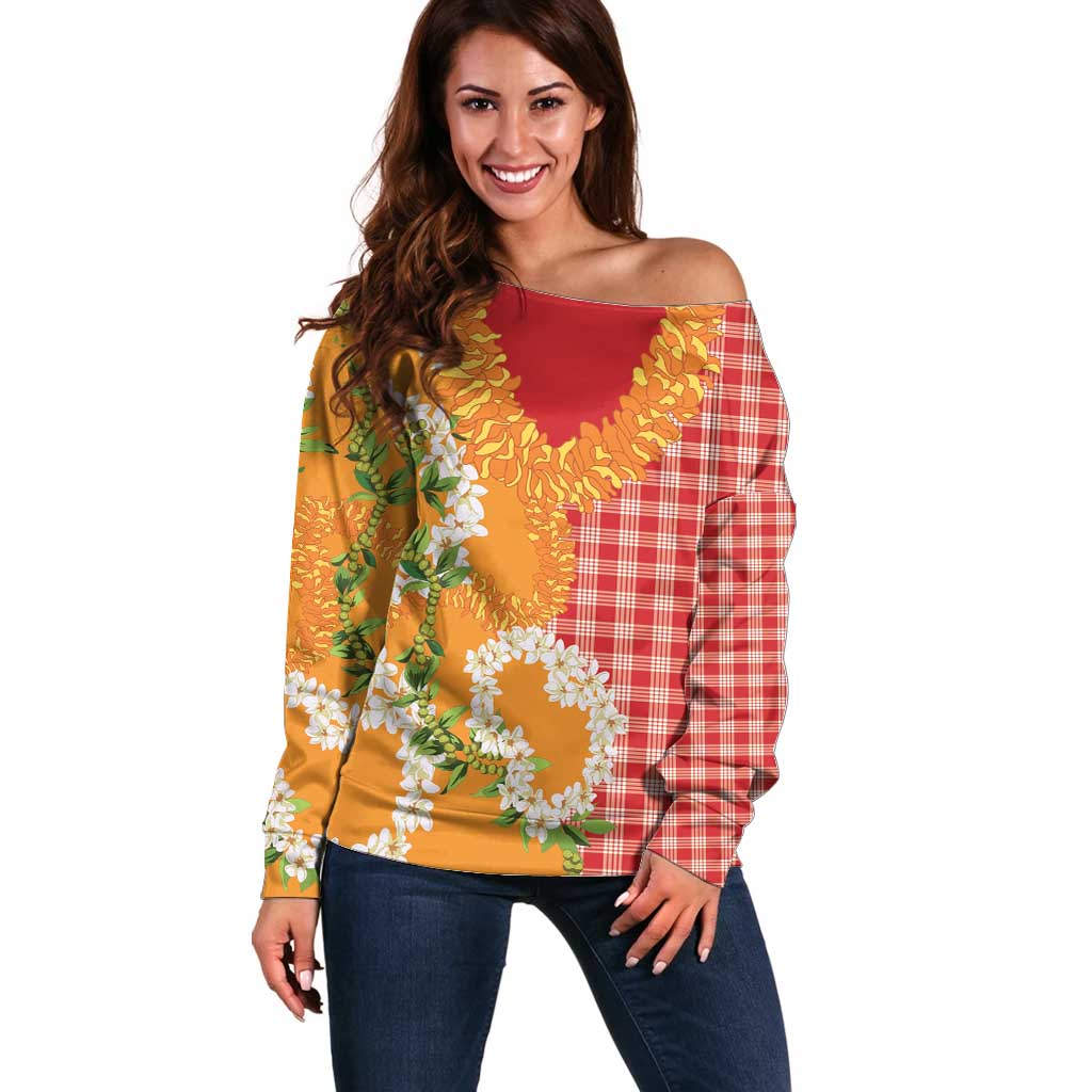 Prince Kuhio Aloha Hawaii Off Shoulder Sweater Plumeria Ilima Lei Palaka Motifs LT14 Women Red - Polynesian Pride