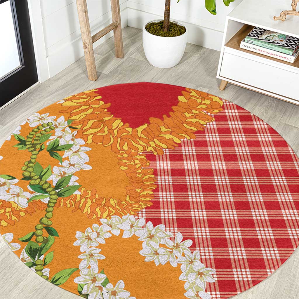 Prince Kuhio Aloha Hawaii Round Carpet Plumeria Ilima Lei Palaka Motifs LT14 Red - Polynesian Pride