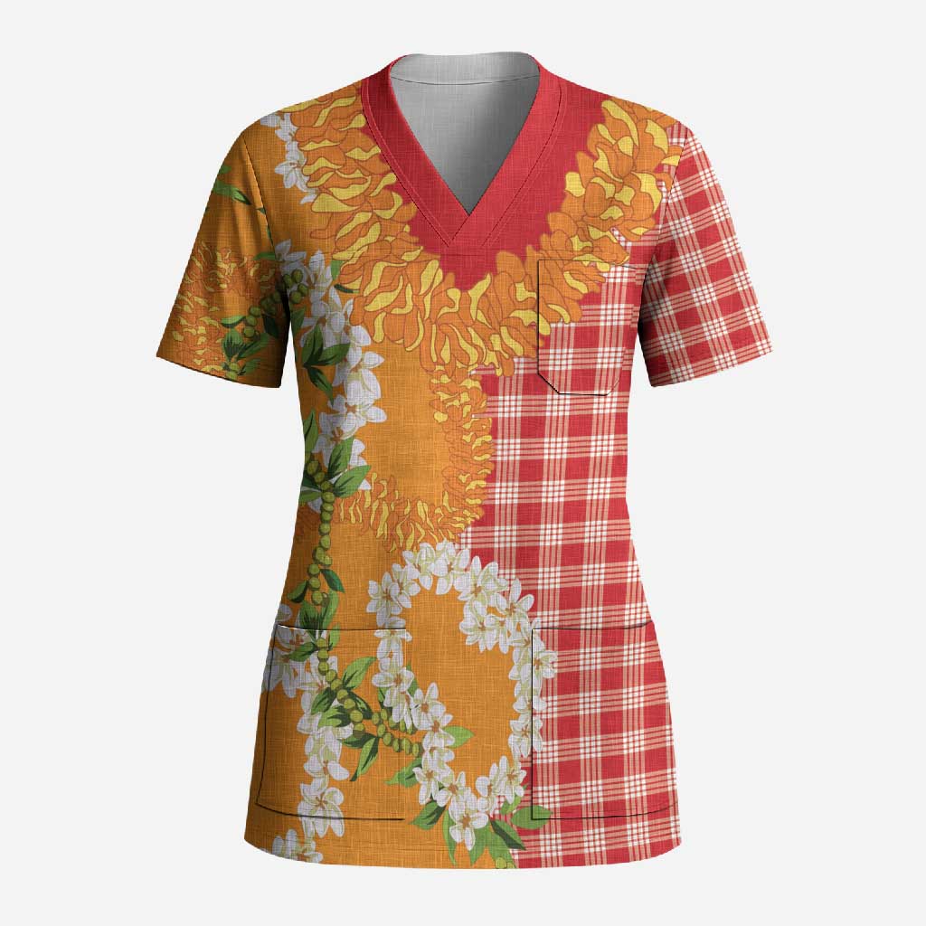 Prince Kuhio Aloha Hawaii Scrub Top Plumeria Ilima Lei Palaka Motifs