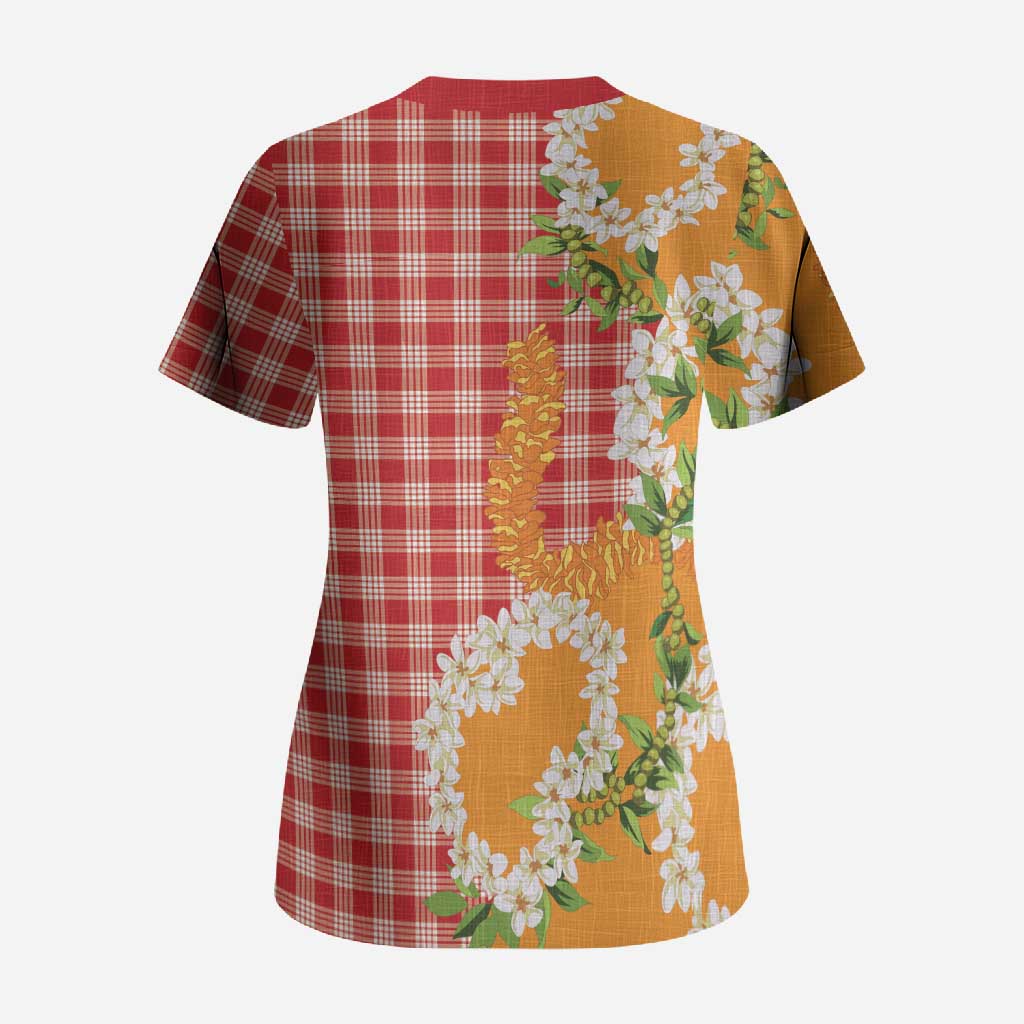 Prince Kuhio Aloha Hawaii Scrub Top Plumeria Ilima Lei Palaka Motifs