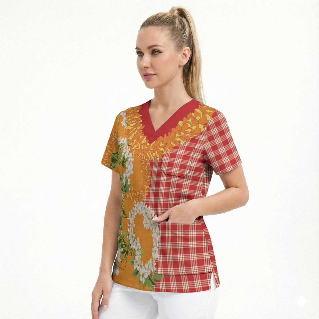 Prince Kuhio Aloha Hawaii Scrub Top Plumeria Ilima Lei Palaka Motifs