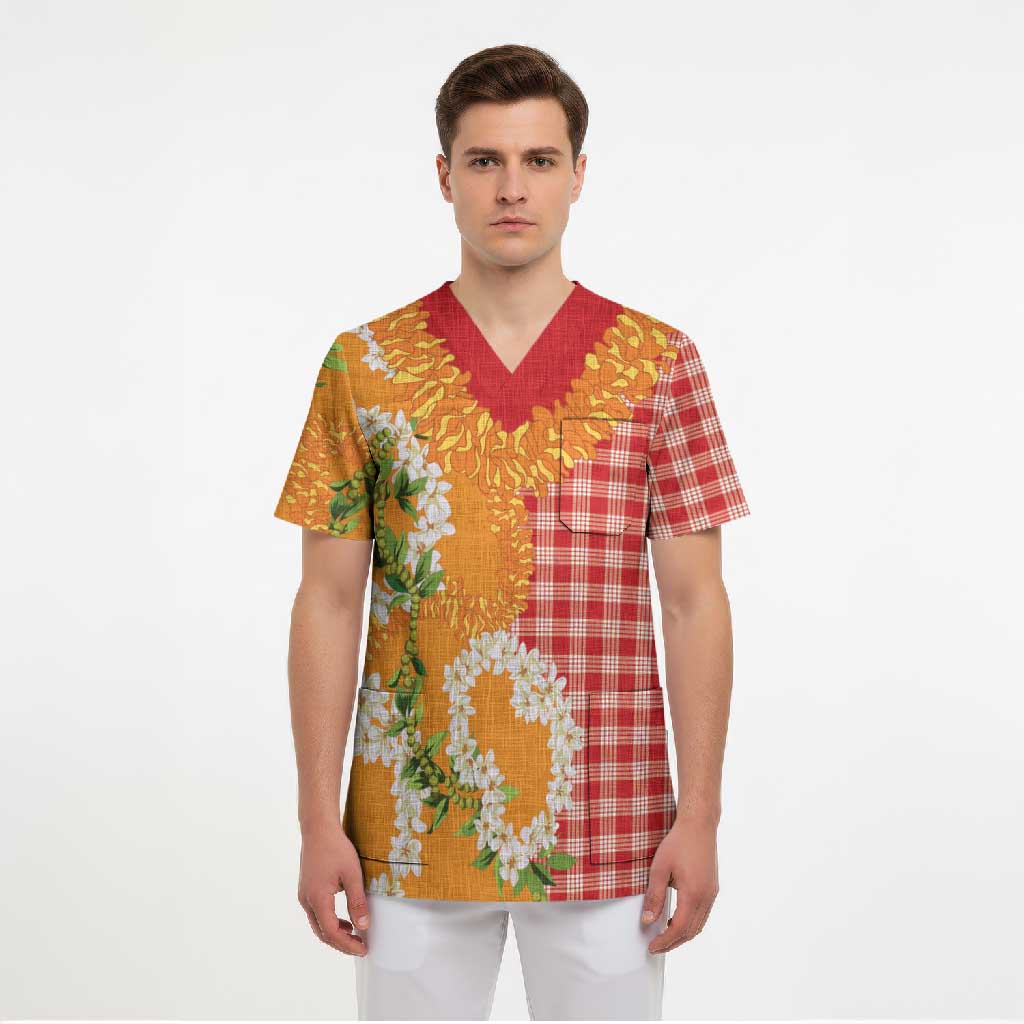 Prince Kuhio Aloha Hawaii Scrub Top Plumeria Ilima Lei Palaka Motifs