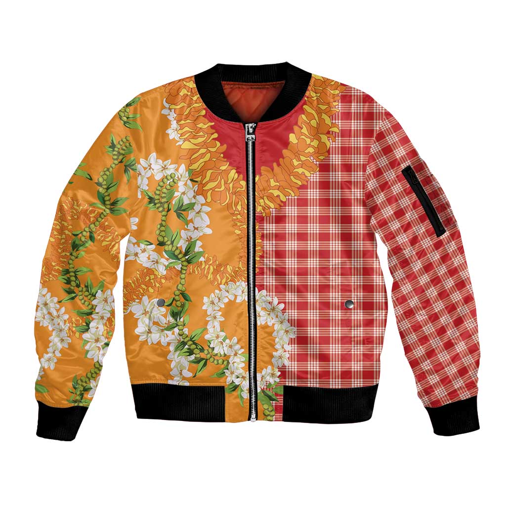 Prince Kuhio Aloha Hawaii Sleeve Zip Bomber Jacket Plumeria Ilima Lei Palaka Motifs LT14 Unisex Red - Polynesian Pride