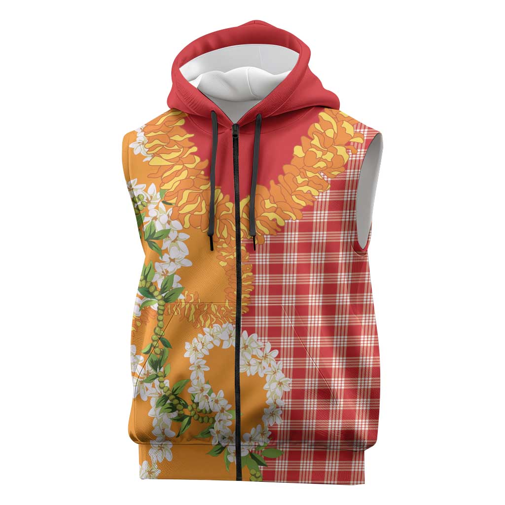 Prince Kuhio Aloha Hawaii Sleeveless Zip Hoodie Plumeria Ilima Lei Palaka Motifs LT14 Red - Polynesian Pride