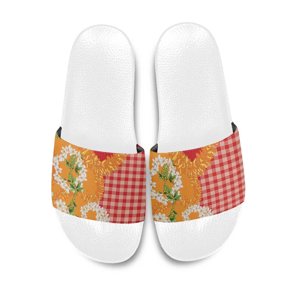 Prince Kuhio Aloha Hawaii Slide Sandals Plumeria Ilima Lei Palaka Motifs LT14 Red - Polynesian Pride