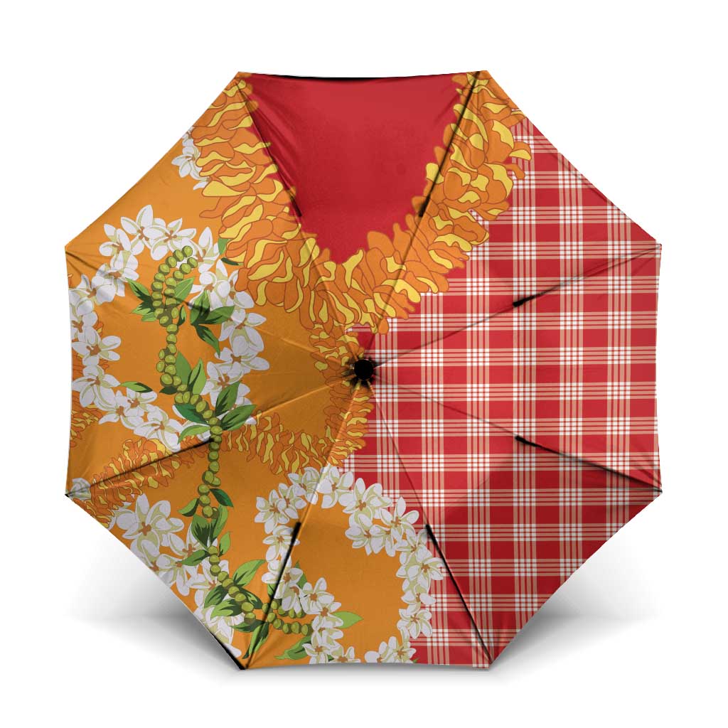 Prince Kuhio Aloha Hawaii Umbrella Plumeria Ilima Lei Palaka Motifs LT14 One Size Folded 11.42 inch Opened Diameter 37.4 inch Red - Polynesian Pride