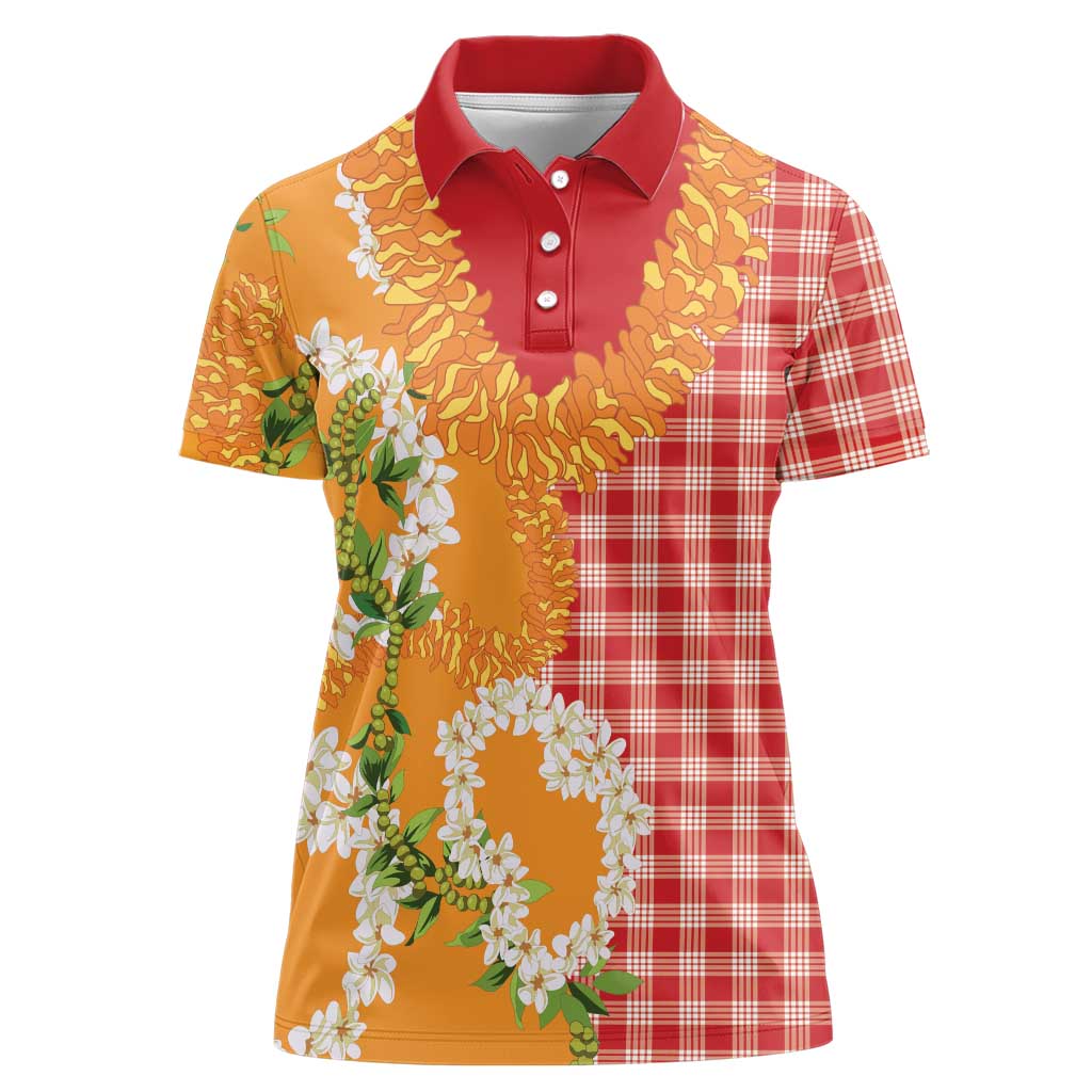 Prince Kuhio Aloha Hawaii Women Polo Shirt Plumeria Ilima Lei Palaka Motifs