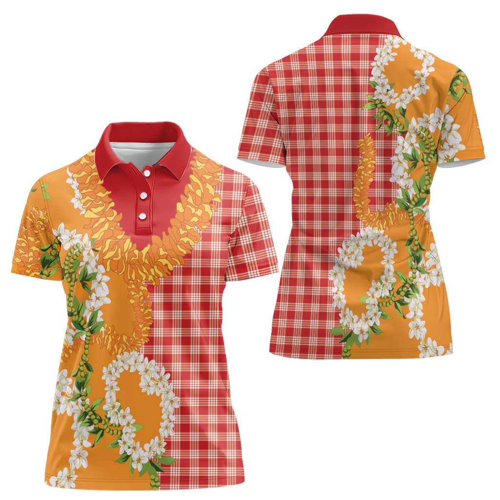 Prince Kuhio Aloha Hawaii Women Polo Shirt Plumeria Ilima Lei Palaka Motifs