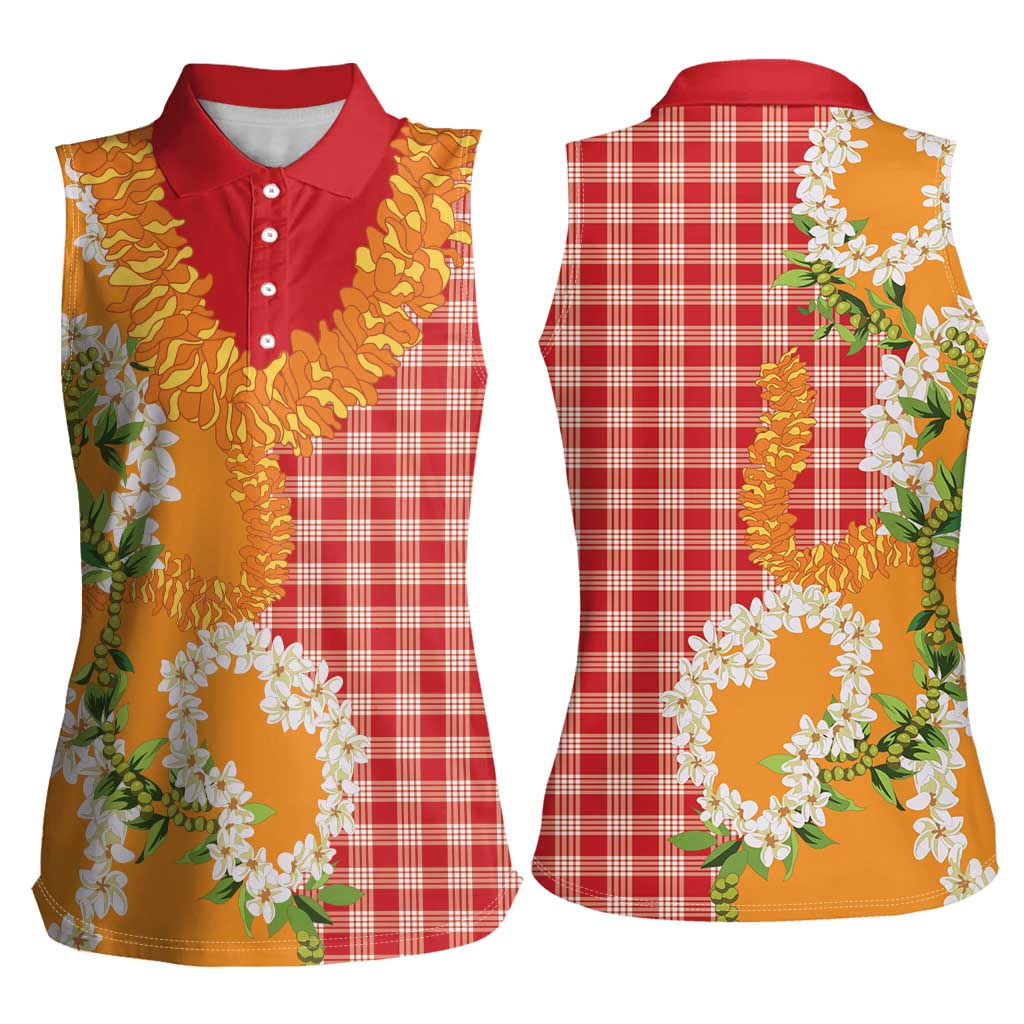 Prince Kuhio Aloha Hawaii Women Sleeveless Polo Shirt Plumeria Ilima Lei Palaka Motifs
