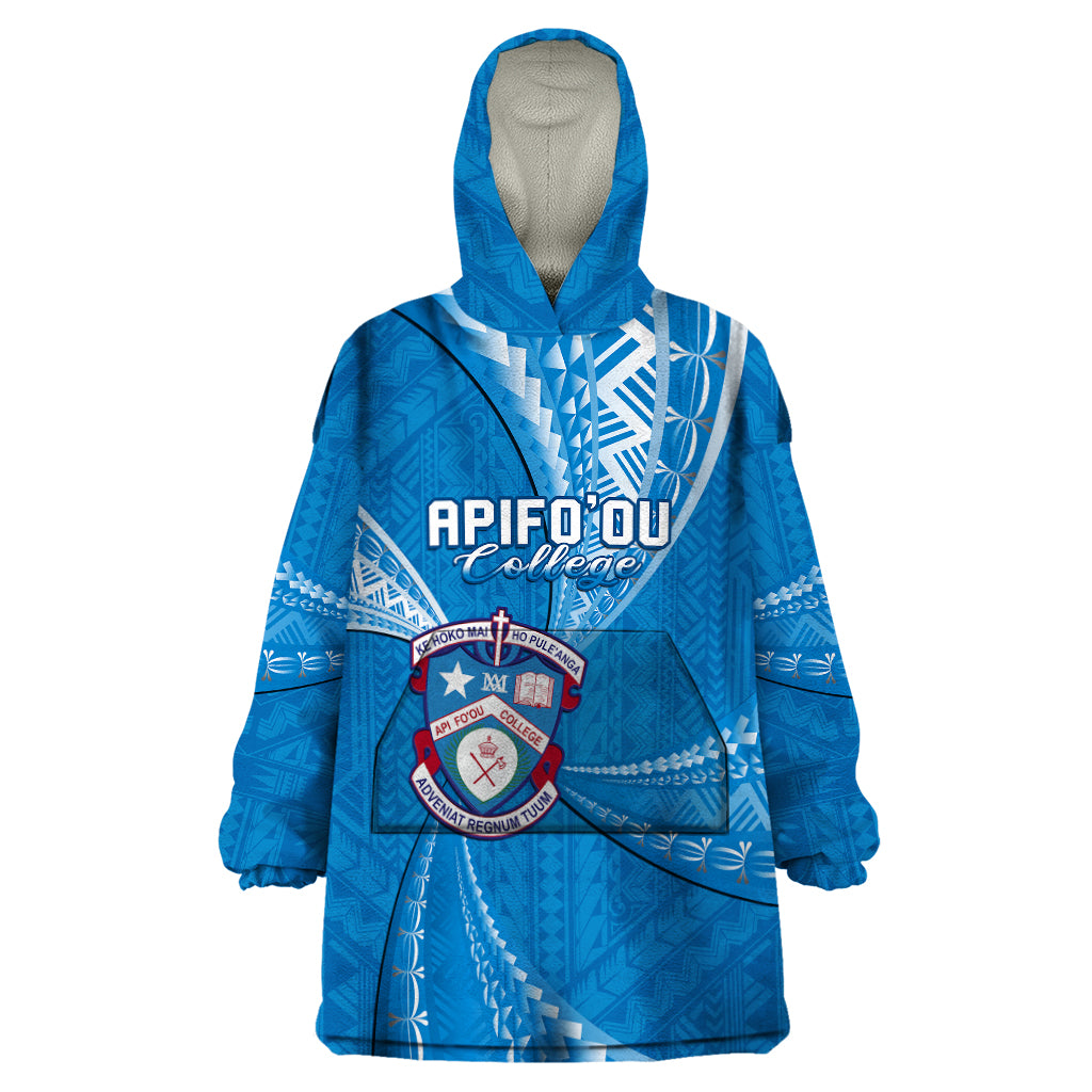 Personalised Tonga Apifoou College Wearable Blanket Hoodie Class Of Year Tongan Ngatu Pattern LT14 One Size Blue - Polynesian Pride