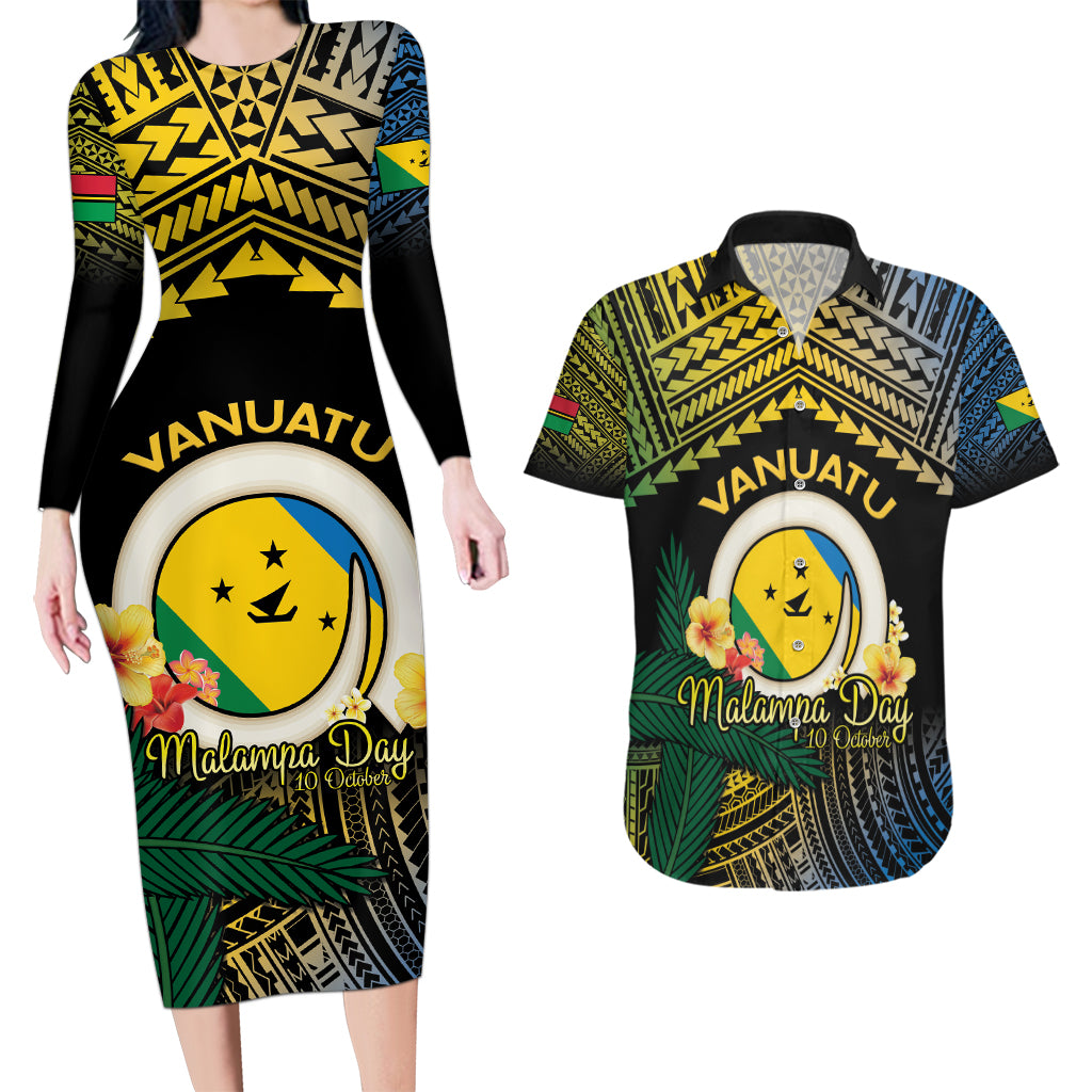 Personalised Malampa Day Couples Matching Long Sleeve Bodycon Dress and Hawaiian Shirt Vanuatu Provinces Polynesian Pattern LT14 Black - Polynesian Pride