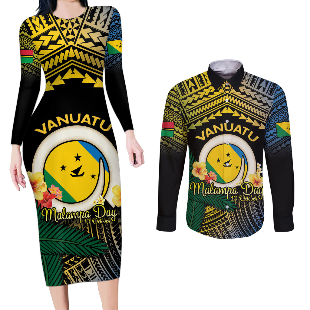 Personalised Malampa Day Couples Matching Long Sleeve Bodycon Dress and Long Sleeve Button Shirt Vanuatu Provinces Polynesian Pattern