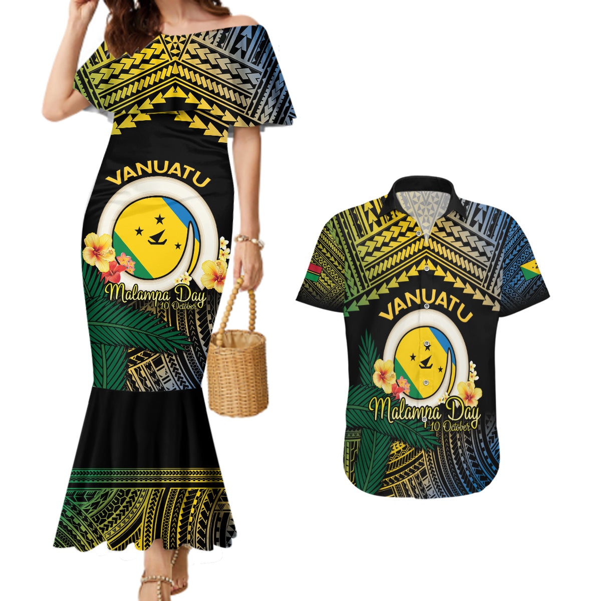 Personalised Malampa Day Couples Matching Mermaid Dress and Hawaiian Shirt Vanuatu Provinces Polynesian Pattern