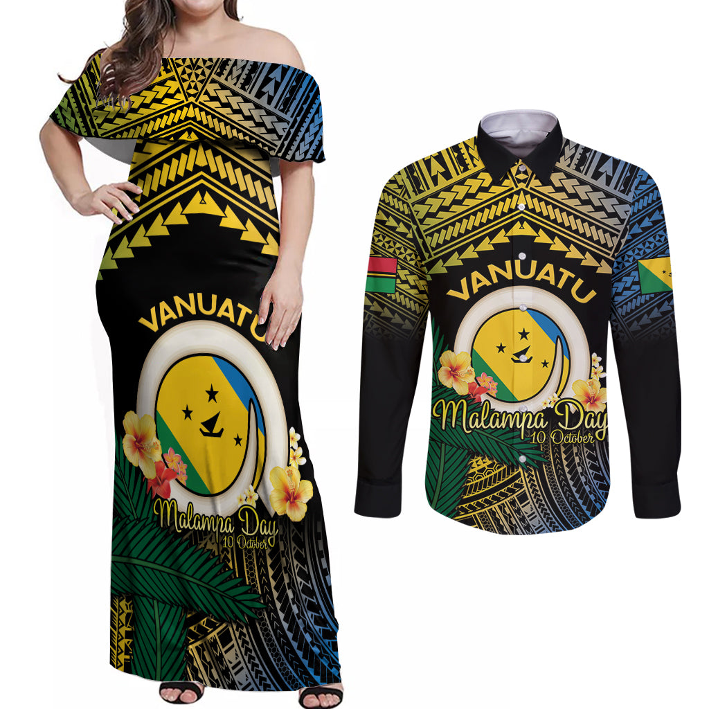 Personalised Malampa Day Couples Matching Off Shoulder Maxi Dress and Long Sleeve Button Shirt Vanuatu Provinces Polynesian Pattern LT14 Black - Polynesian Pride