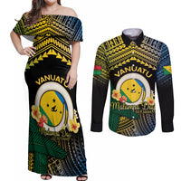 Personalised Malampa Day Couples Matching Off Shoulder Maxi Dress and Long Sleeve Button Shirt Vanuatu Provinces Polynesian Pattern LT14 Black - Polynesian Pride
