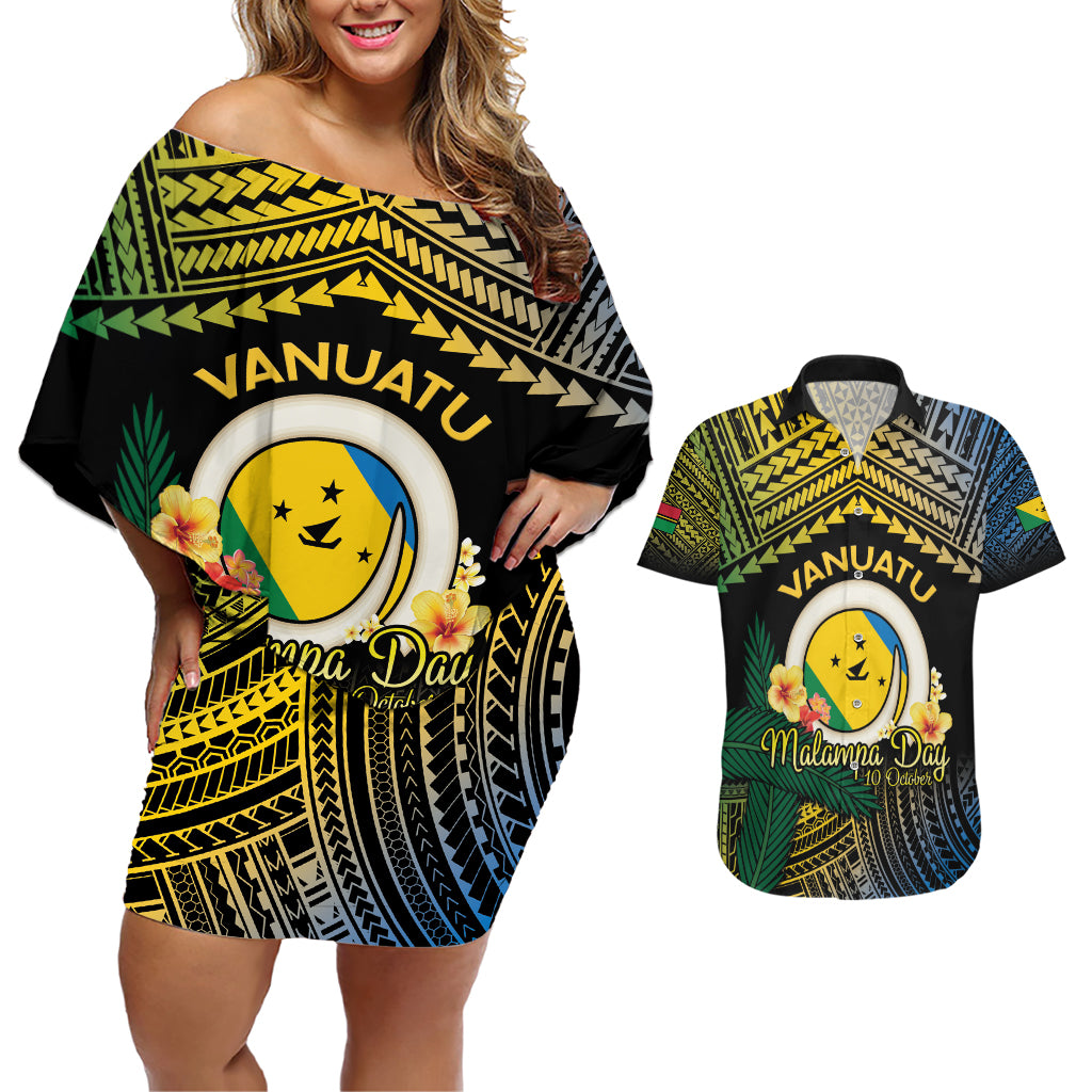 Personalised Malampa Day Couples Matching Off Shoulder Short Dress and Hawaiian Shirt Vanuatu Provinces Polynesian Pattern LT14 Black - Polynesian Pride