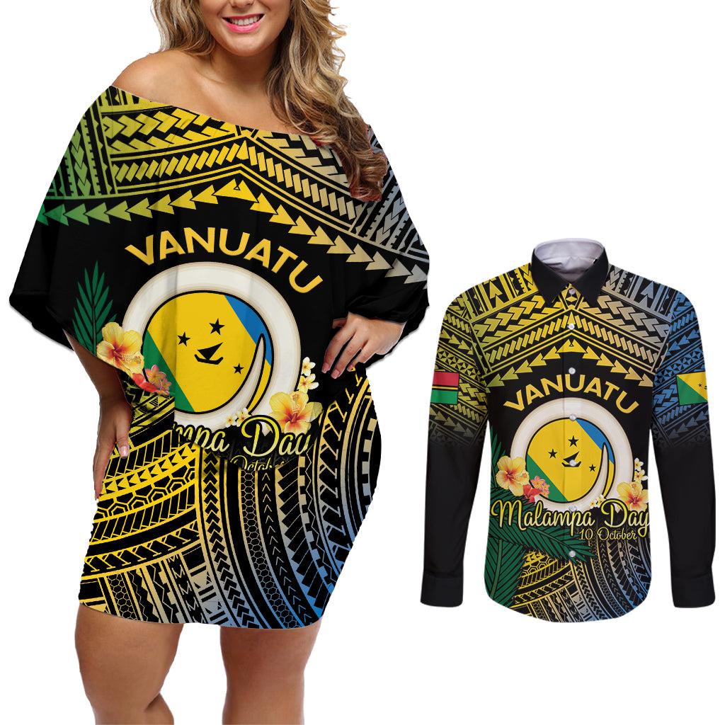 Personalised Malampa Day Couples Matching Off Shoulder Short Dress and Long Sleeve Button Shirt Vanuatu Provinces Polynesian Pattern LT14 Black - Polynesian Pride