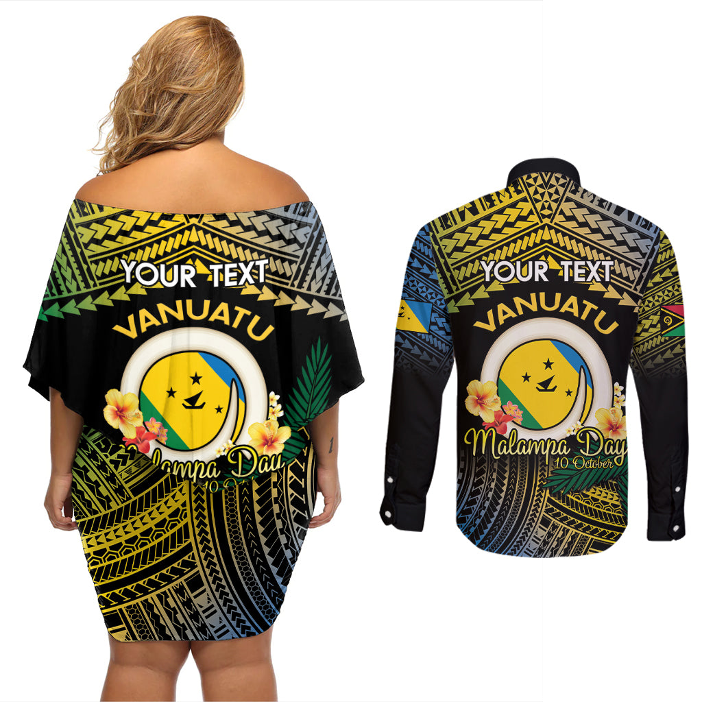 Personalised Malampa Day Couples Matching Off Shoulder Short Dress and Long Sleeve Button Shirt Vanuatu Provinces Polynesian Pattern LT14 - Polynesian Pride