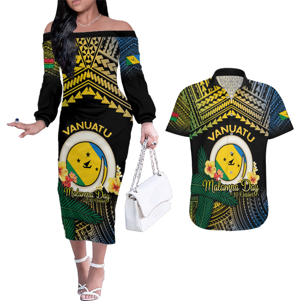 Personalised Malampa Day Couples Matching Off The Shoulder Long Sleeve Dress and Hawaiian Shirt Vanuatu Provinces Polynesian Pattern LT14 Black - Polynesian Pride