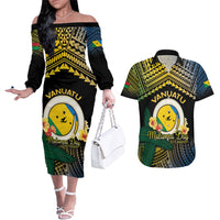 Personalised Malampa Day Couples Matching Off The Shoulder Long Sleeve Dress and Hawaiian Shirt Vanuatu Provinces Polynesian Pattern LT14 Black - Polynesian Pride