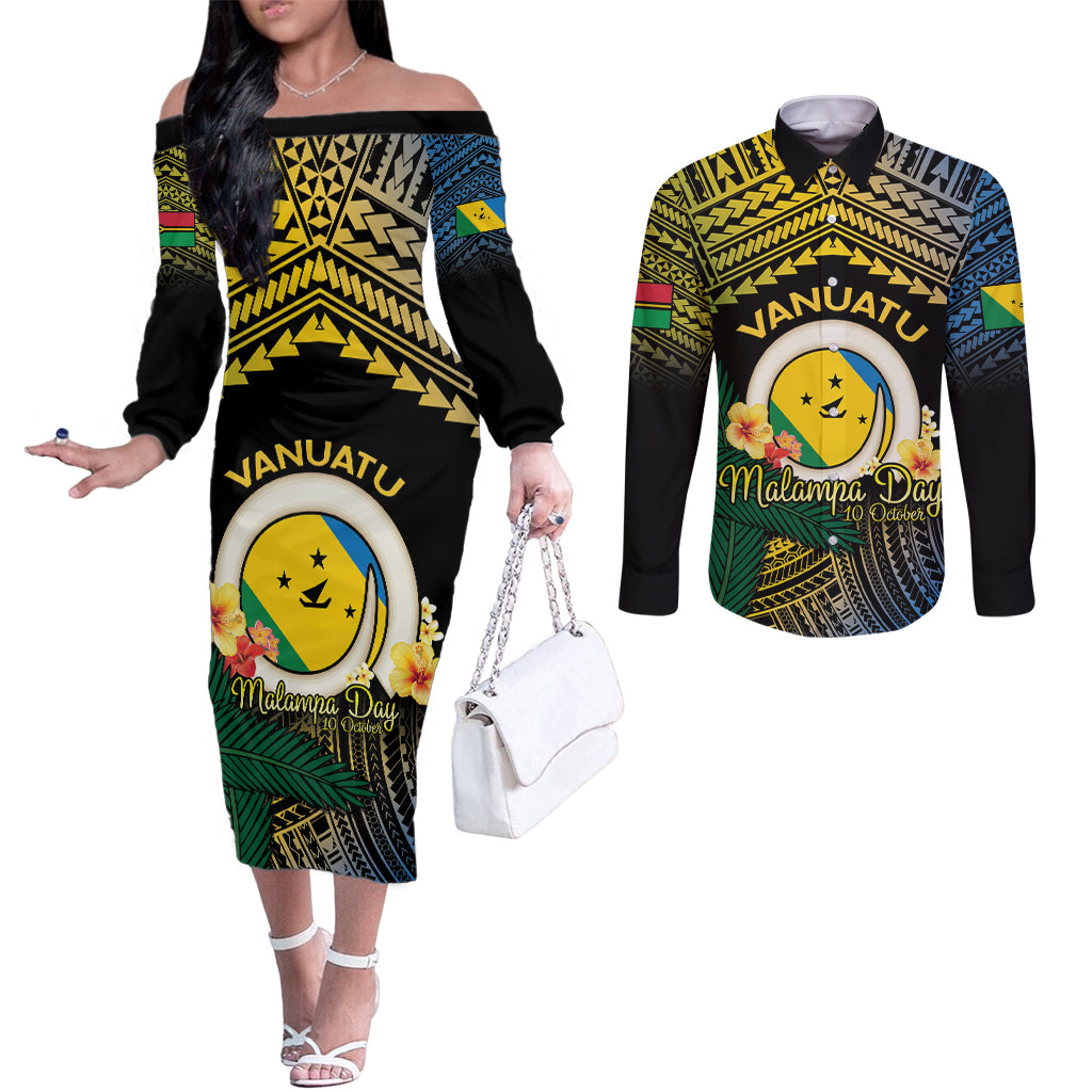 Personalised Malampa Day Couples Matching Off The Shoulder Long Sleeve Dress and Long Sleeve Button Shirt Vanuatu Provinces Polynesian Pattern