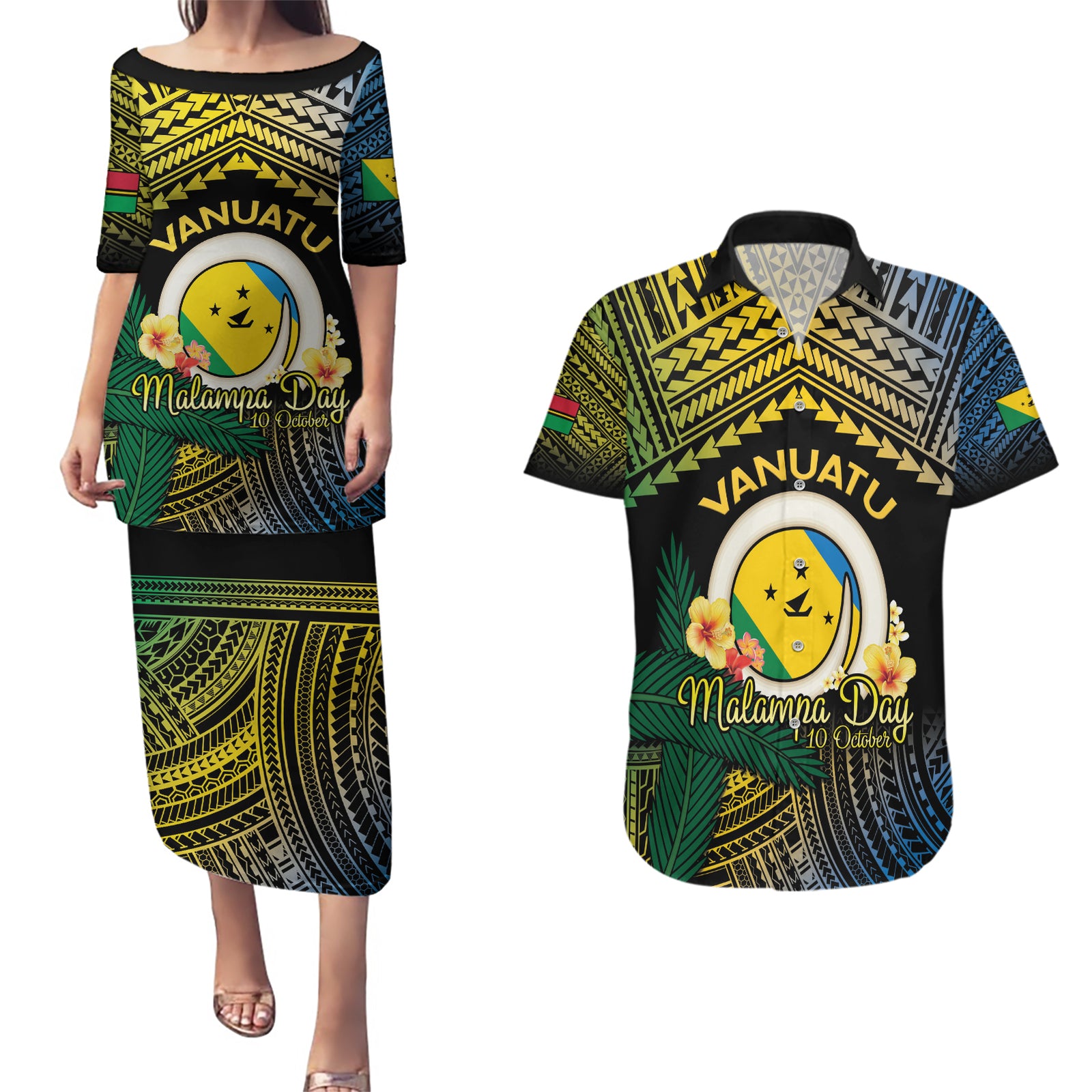 Personalised Malampa Day Couples Matching Puletasi and Hawaiian Shirt Vanuatu Provinces Polynesian Pattern LT14 Black - Polynesian Pride