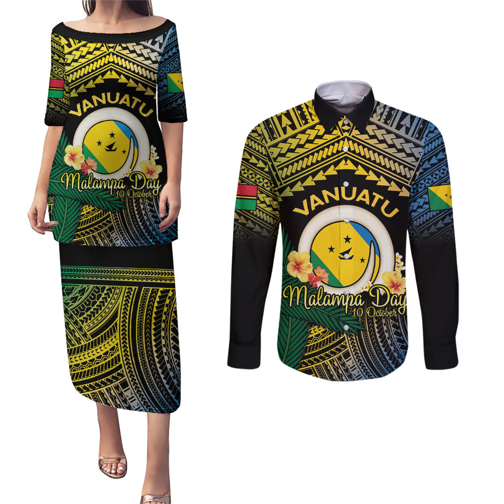Personalised Malampa Day Couples Matching Puletasi and Long Sleeve Button Shirt Vanuatu Provinces Polynesian Pattern LT14 Black - Polynesian Pride