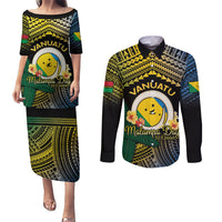 Personalised Malampa Day Couples Matching Puletasi and Long Sleeve Button Shirt Vanuatu Provinces Polynesian Pattern LT14 Black - Polynesian Pride