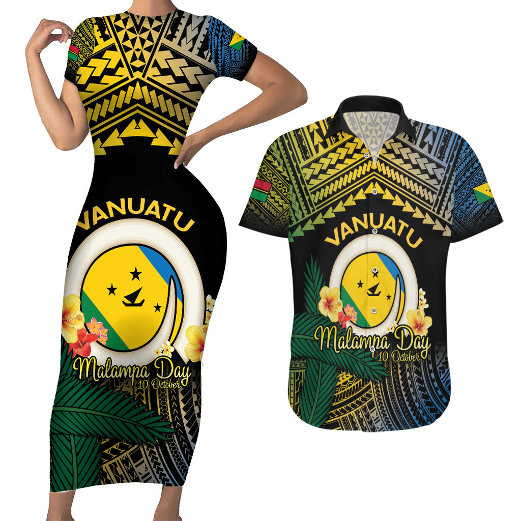 Personalised Malampa Day Couples Matching Short Sleeve Bodycon Dress and Hawaiian Shirt Vanuatu Provinces Polynesian Pattern