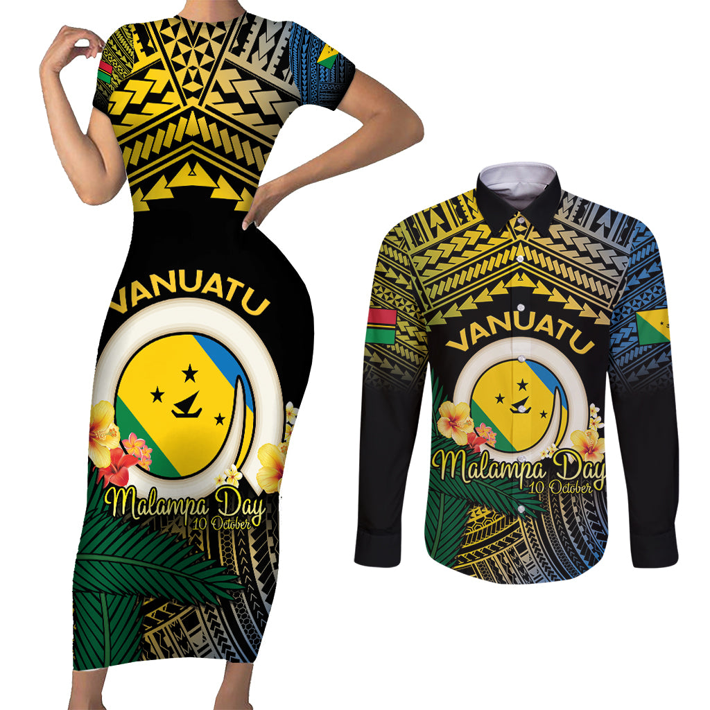 Personalised Malampa Day Couples Matching Short Sleeve Bodycon Dress and Long Sleeve Button Shirt Vanuatu Provinces Polynesian Pattern LT14 Black - Polynesian Pride