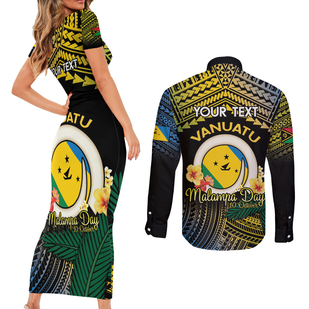 Personalised Malampa Day Couples Matching Short Sleeve Bodycon Dress and Long Sleeve Button Shirt Vanuatu Provinces Polynesian Pattern LT14 - Polynesian Pride