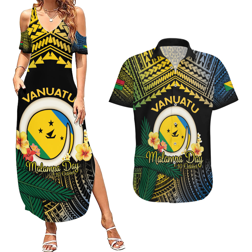 Personalised Malampa Day Couples Matching Summer Maxi Dress and Hawaiian Shirt Vanuatu Provinces Polynesian Pattern LT14 Black - Polynesian Pride