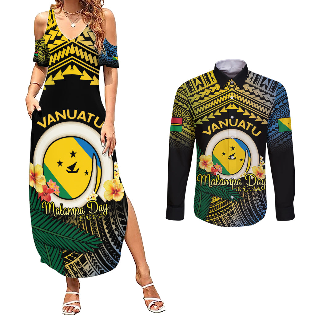 Personalised Malampa Day Couples Matching Summer Maxi Dress and Long Sleeve Button Shirt Vanuatu Provinces Polynesian Pattern LT14 Black - Polynesian Pride